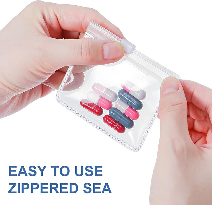 Meanplan 50 Pcs Pill Pouches Reusable Clear Zippered Pill Bag, Transparent PVC Toiletry Carry Pouch, 180 Pcs Waterproof Labels Stickers Travel Organizer Storage with Slide Lock for Small Items