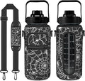 Halloween Half Gallon Water Bottle with Sleeve - Flip Top Bpa Free 64 OZ - Motivational Time Marker Leakproof Water Jug - Gothic Witchy Gifts for Women - Spider Web for Gifts