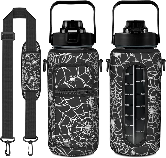 Halloween Half Gallon Water Bottle with Sleeve - Flip Top Bpa Free 64 OZ - Motivational Time Marker Leakproof Water Jug - Gothic Witchy Gifts for Women - Spider Web for Gifts
