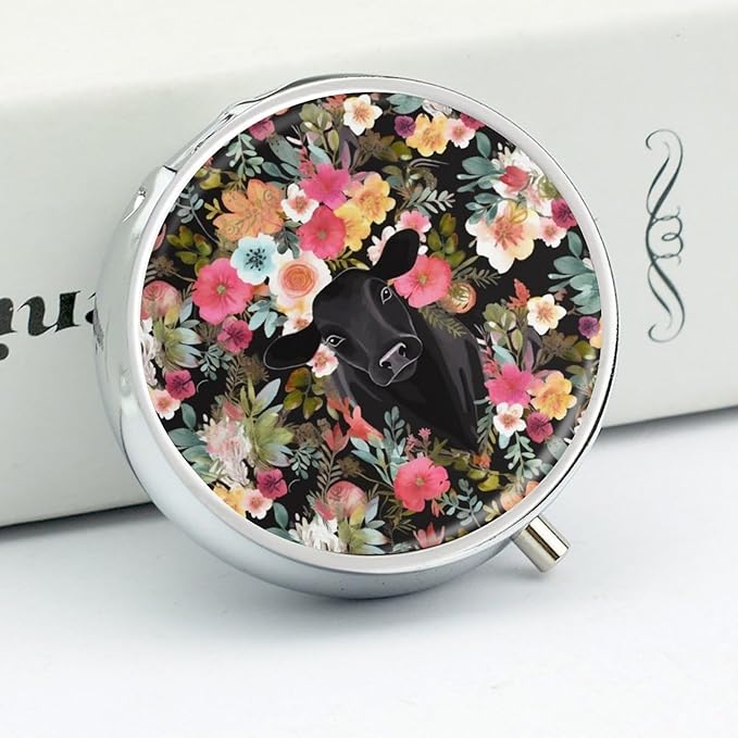 Steer Floral Pill Box Travel Pill Case for Purse Pocket Weekly Medicine Organizer with Mirror 3 Compartment Round Medicine Case Portable PillcaseHolder for Daily