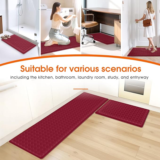 Kitchen Mats, 2PCS Kitchen Rugs, Cushioned Anti Fatigue Kitchen Mats for Floor, Non-Slip Standing Desk Mat, Waterproof Kitchen Rug Set for Kitchen Floor Office,17.3"×30"+17.3"×59" Red