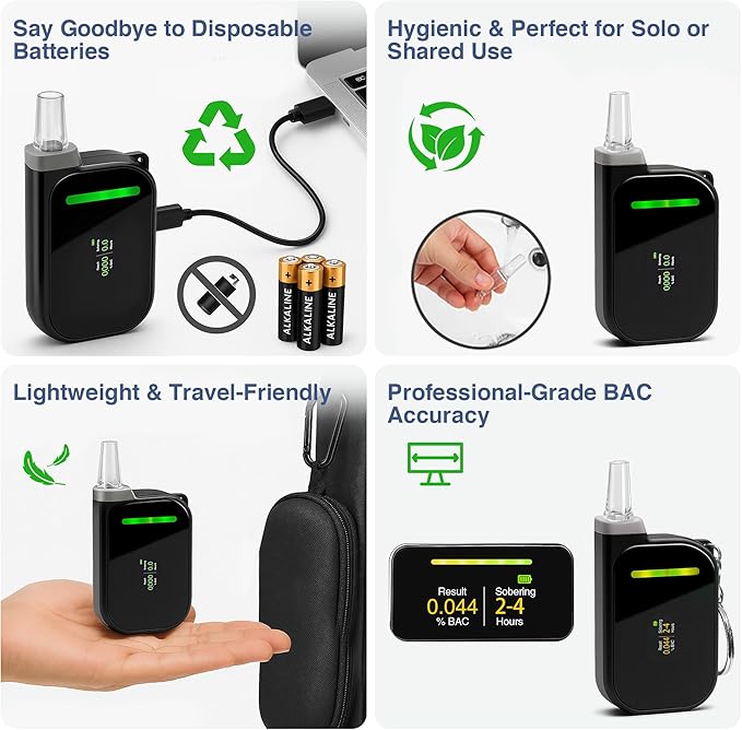 Portable Breathalyzers for Alcohol, Professional-Grade High Accuracy Alcohol Breathalyzer Tester Keychain, USB Rechargeable, 3-Color Warning & Sobriety Time Reminder, 10 Mouthpieces Included, Black