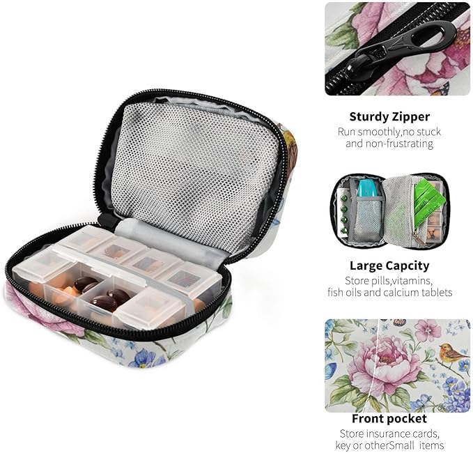 Travel Pill Case Flowers and Birds Weekly Small Pill Box 7 Day Pill Box Pill Organizer Bag