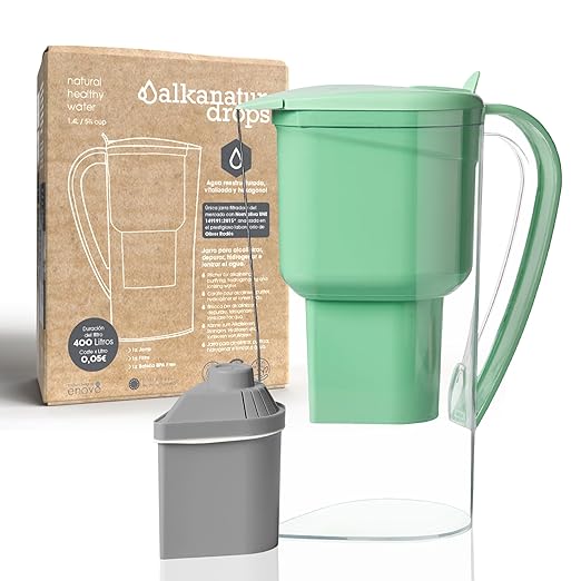 Alkanatur Alkaline Hydrogen Water Filter Pitcher - Removes Fluoride, Chlorine, Microplastics, PFAs, Lead - Activated Coconut Carbon + Clinoptilolite Zeolite, Ionizer, pH 9.5, Adds Magnesium