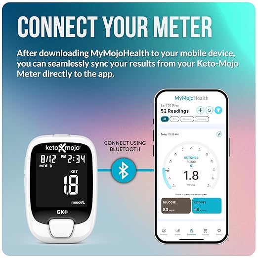 Keto-Mojo GK+ Glucose & Ketone Testing Kit with 140 Test Strips – Advanced Bluetooth Meter with Free App for Ketosis Diabetes & Metabolic Support – Includes 70 Glucose + 70 Ketone Strips