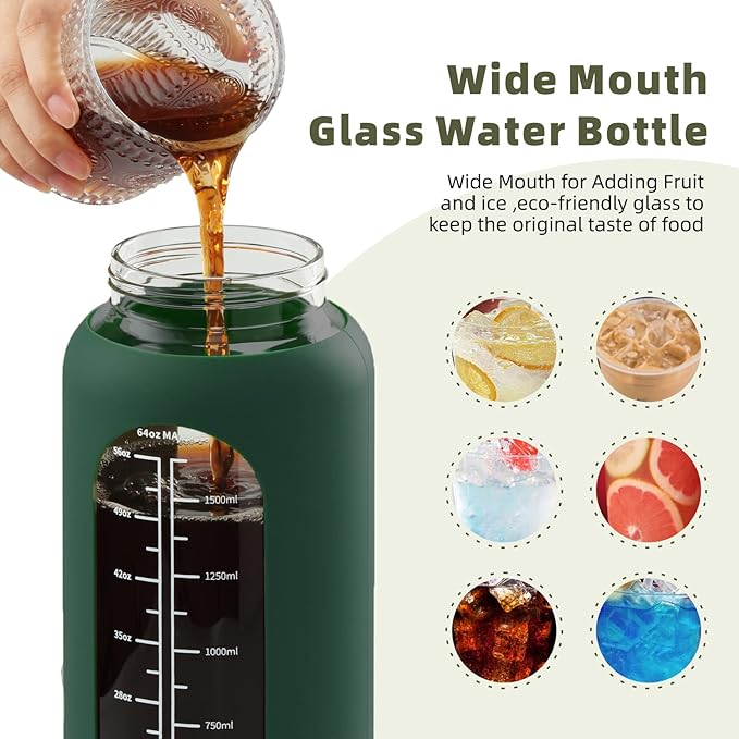Glass Water Bottle with Straw and Handle Lid Half Gallon Motivational Glass Bottle with Silicone Sleeve and Time Marker Large Reusable Sports Water Jug for Gym Home Workout