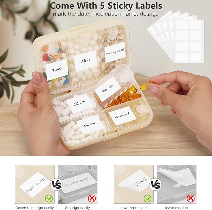 FYY Weekly Pill Organizer with Labels,8 Compartments Travel Daily Pill Case Airtight Moistureproof Large Pill Box to Hold Vitamins, Fish Oil, Supplements,Cotton Swab and Bandages-Beige
