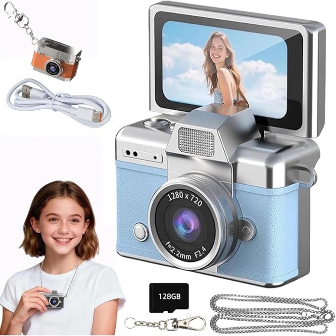 Mini Digital Camera Keychain Retro Mini Digital Video Camera Small 1080P FHD Recording with 0.96" IPS Screen with 6 Retro Filters AVI Format-Ideal for Phone Transfer (128GB, Blue)