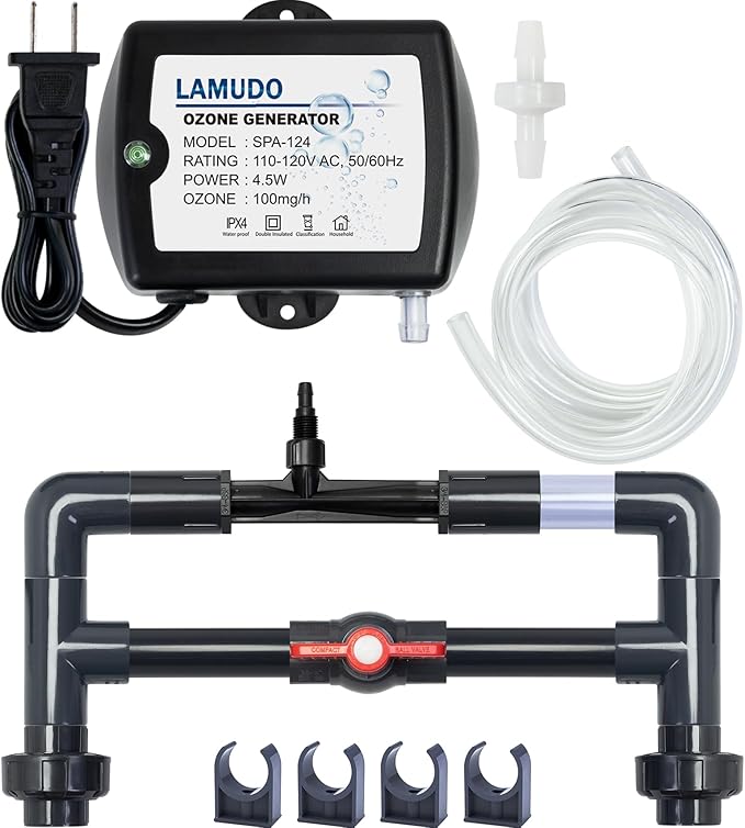 Ozone Venturi Injector Kit with SPA-124 Ozone Generator for Cold Plunge, Hot Tubs, Swim Spas, Water Treatment System with Ozonator, Standard 3/4" UPVC Pipe Fitting(DIY Pipeline)