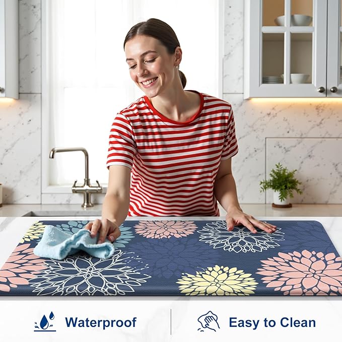 StepLively Kitchen Mats, 2 PCS Cushioned Anti-Fatigue Floral Pattern, Oeko-TEX Certified Washable Non-Slip Standing Mats for Kitchen, Office, Sink & Laundry (17.3"x30"+17.3"x47", Blue)
