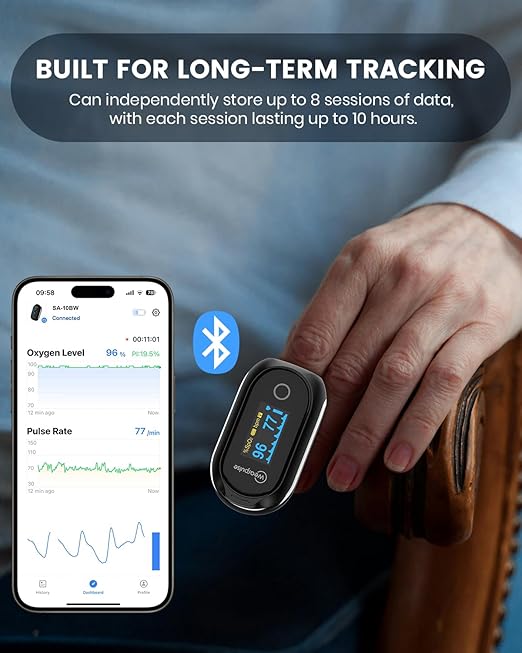 Rechargeable Pulse Oximeter Fingertip, Bluetooth Blood Oxygen Saturation and Pulse Rate Monitor with App, 8 * 10 Hours Built-in Memory Pulse ox, Continuous O2 Sat Meter with Smart Beep