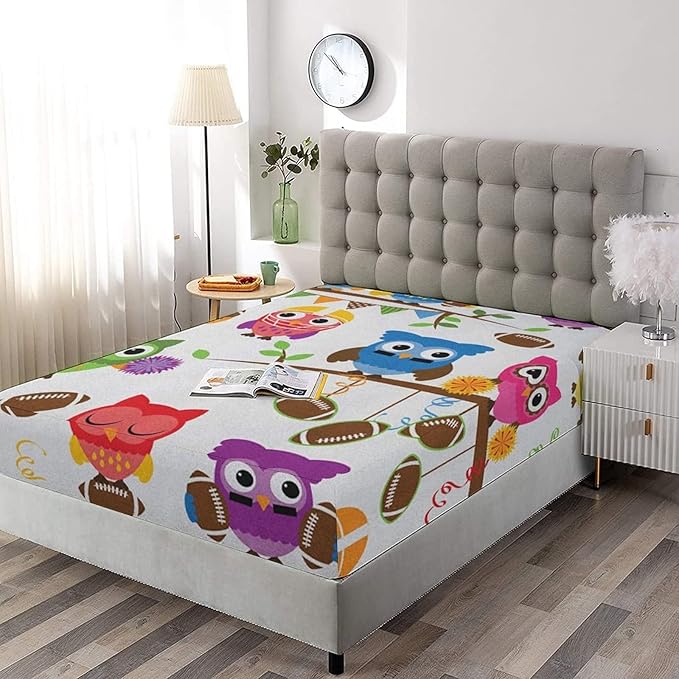 Decorative Fitted Sheet Set Twin Size, Owls Deep Pockets Fitted Sheet & 2 Pillow Sham Set, Sporty Owls Football Themed Animals Cartoon Printed Microfiber Bedding 3pc Set, for Mattress (Deep: 5"-15")