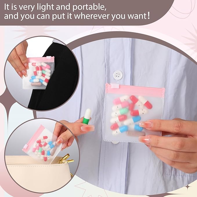 24 Pieces Pill Pouch Bags Zippered Pill Pouch Set Reusable Translucent Medicine Organizer Self Sealing Medicine Bag Travel Plastic Pill Bags with Slide Lock Pill Baggies for Pills (Light Pink)