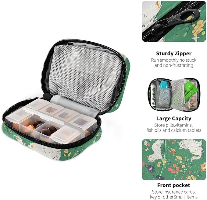 Green Persian Cat and Hummingbird in Spring Travel Pill Organizer Weekly Small (Cute) Pill Box 7 Day Pill Case Vitamin Holder Pill Bottle Organizer