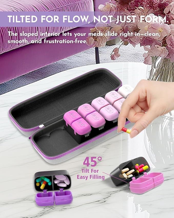 Weekly Pill Organizer 2 Times a Day, 7 Day Travel Medicine Pill Organizer with Moisture-Proof Silicone Lid, AM PM Daily Pill Box for Vitamins & Supplements, Aesthetics Pill Case(Purple)