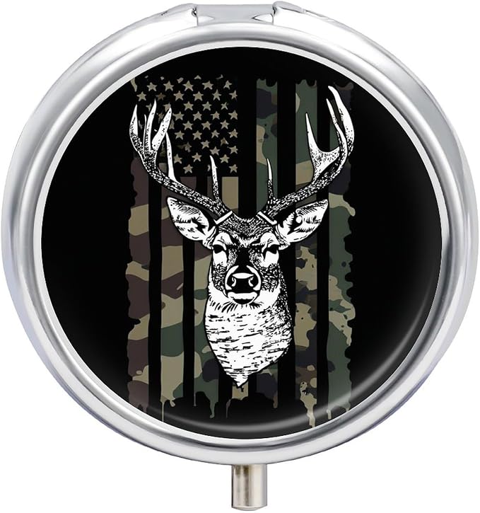 Round 3 Compartment Pill Box, Decorative Travel Pill Case, Moistureproof Daily Cute Pill Box Suitable for Women Men Compatible with Camo Camouflage American Flag Hunting Cool Deer Black