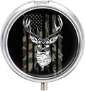 Round 3 Compartment Pill Box, Decorative Travel Pill Case, Moistureproof Daily Cute Pill Box Suitable for Women Men Compatible with Camo Camouflage American Flag Hunting Cool Deer Black