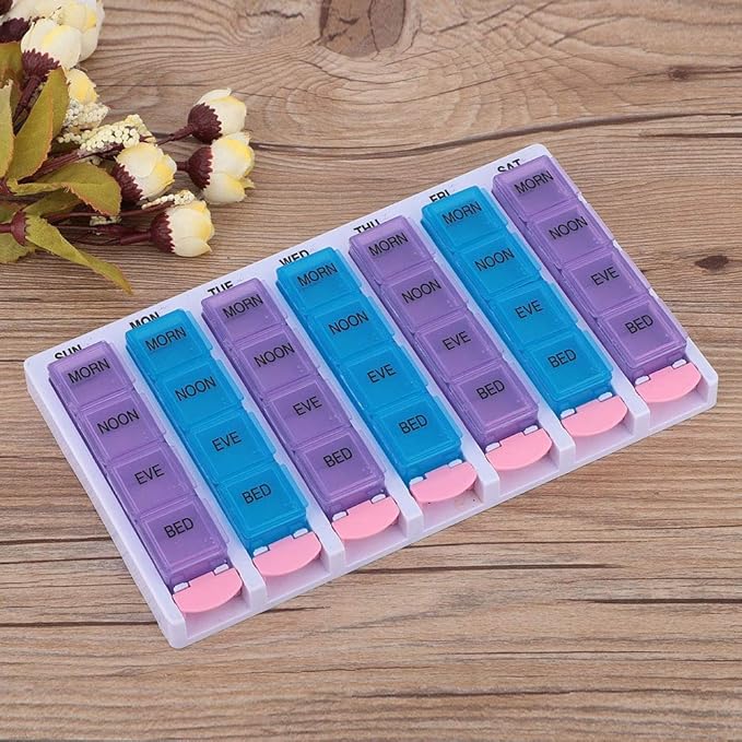 7 Days, Organiser, 7 Days 4 Times a Day 28 Compartments Organizer with Push Button (Blue)