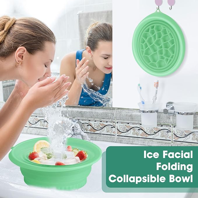 Face Bowl for Ice With Built-in Ice Tray Collapsible Silicone Facial Face Ice Bath Bowl Small Reusable Cold Plunge Basin is Portable,Perfect for Home Use,Camping,Travel Cold Bath Spa Tool & Green