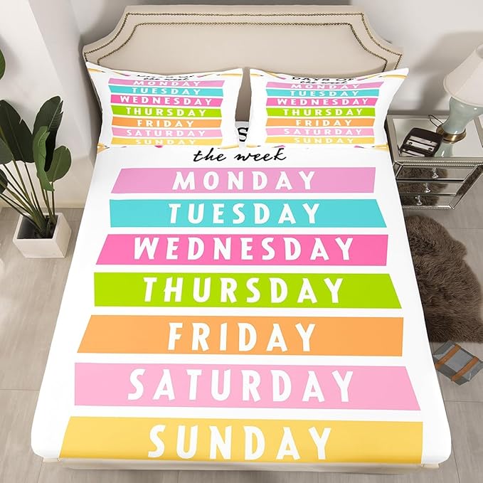 Feelyou Kids Learning Bed Sheet Set Twin Size, Days of The Week Fitted Sheet Educational Bedding Set Boys Girls Preschool Teens Bedroom Decor Bed Set 2Pcs (No TOP Sheet)