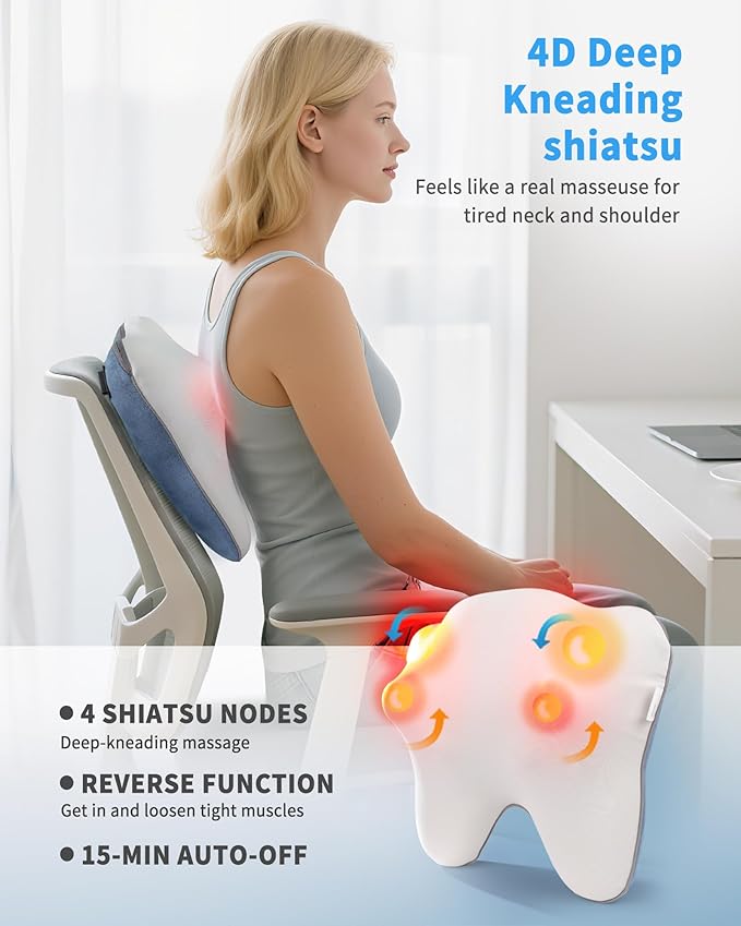 OWAYS Rilassa Cordless Back Massager with Heat, Shiatsu Neck Massager for Pain Relief Deep Tissue, 4D Kneading Massage Pillow for Back, Shoulder, Legs, Relax at Home Office and car