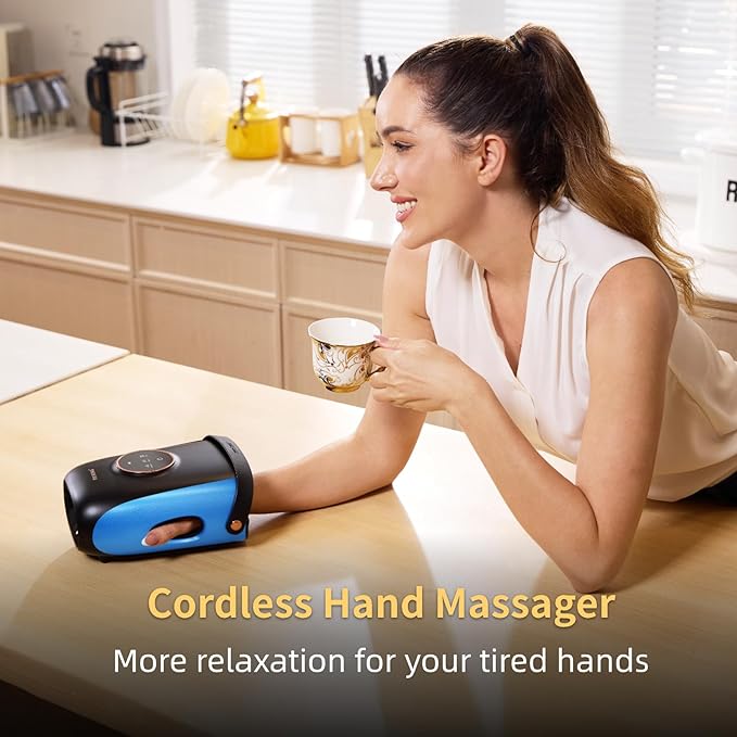 FIT KING Cordless Hand Massager with Compression & Heating, Fingers Wrap Massage for Arthritis Pain and Carpal Tunnel, Large Space for Both Men and Women (Blue)