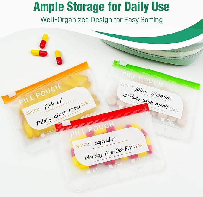 A8 Waterproof Pill Pouch Set, Large Weekly Pill Organizer with 14 Color-Coded Medicine Pouches, Reusable Travel Medicine Organizer, Zippered Pill Storage for Fish Oils, Vitamins（Green）