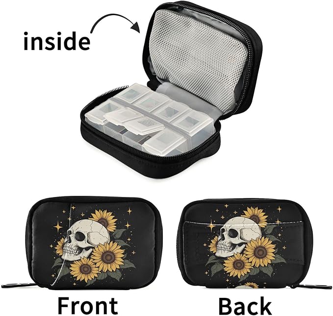 Fustylead Shining Human Skull and Sunflower Design Pill Organizer for Purse, Weekly Portable Pill Box with Zipper to Storage Vitamins Fish Oils Medications Supplements