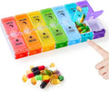 Weekly Pill Organizer 2 Times a Day, Large Pill Box 7 Day with Big AM/PM Compartments for Easy Filling, Push Button Pill Container Travel Pill Case Holder Dispenser for Supplement (Rainbow)
