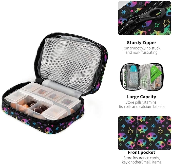 Travel Pill Organizer Bag Weekly Pill Organizer Case Goth Rainbow Style Skull Portable Small Daily Pill Boxes for Vitamin Fish Oils Supplement Holder with Zipper Compact Size