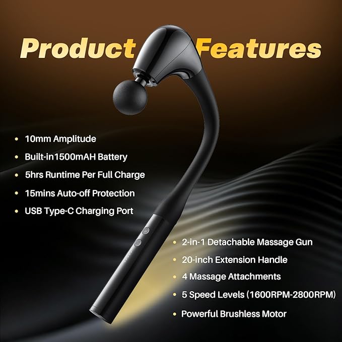 G4D Fascia Gun with Detachable U-Shape Long Handle, 10mm Deep Tissue Percussion, Brushless Motor, Up to 2800 RPM, Type-C Fast Charging, Includes 4 Massage Heads for Back Neck Shoulder Relief