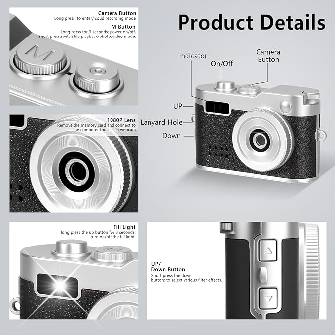 Mini Keychain Camera, FHD 1080p Mini Digital Camera with 32GB SD Card, Flash, 6 Creative Filters, 0.96" HD Display, 100 Mins Battery Life for Travel Recording Birthday Gifts (Vintage, Dark)