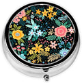 Vintage Flowers Pill Box 3 Compartment Small Pill Case,Portable for Pocket or Purse Pill Organizer Pill Container Holder with Mirror to Hold Vitamins, Medication, Fish Oil and Supplements