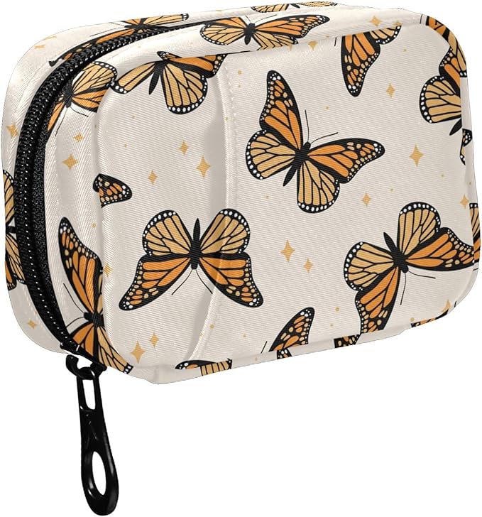 Fustylead Beautiful Monarch Butterflies and Glitter Stars Travel Pill Case Bag with Zipper Weekly Pill Box 8 Compartments 7 Day Personal Pill Case Purse Medicine Case Organizer