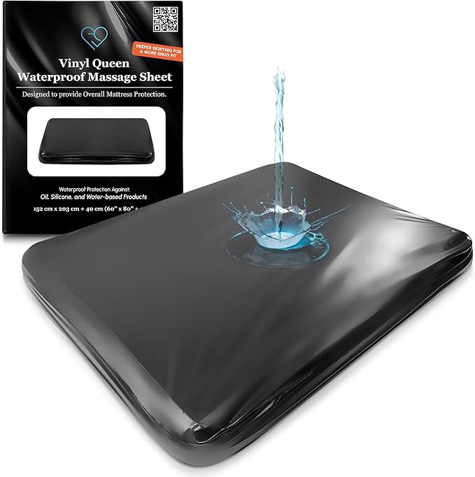 Black Vinyl Queen Waterproof Fitted Massage Bed Sheet with Side Pocket | Mattress Protector, Bed Cover for Nuru Massage - Oil, Water-Based, Silicone Safe | 60'' x 80'' + 15.7'' Deep Pocket