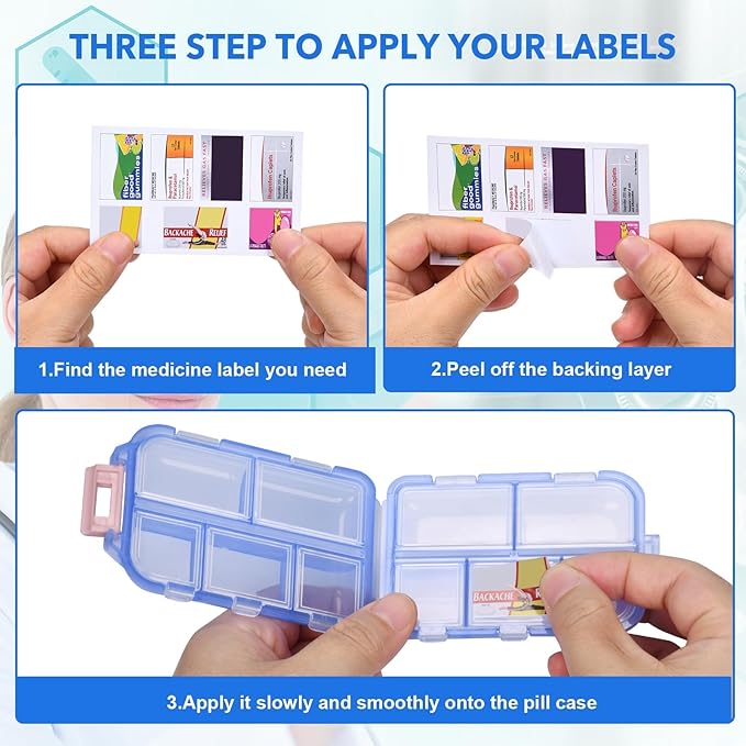 1Pack Travel Pill Organizer with 189 Medicine Labels, 10 Compartments Small Pill Case Compact and Portable Travel Pill Box for Airplane Car Purse Nurse Vacation Essentials