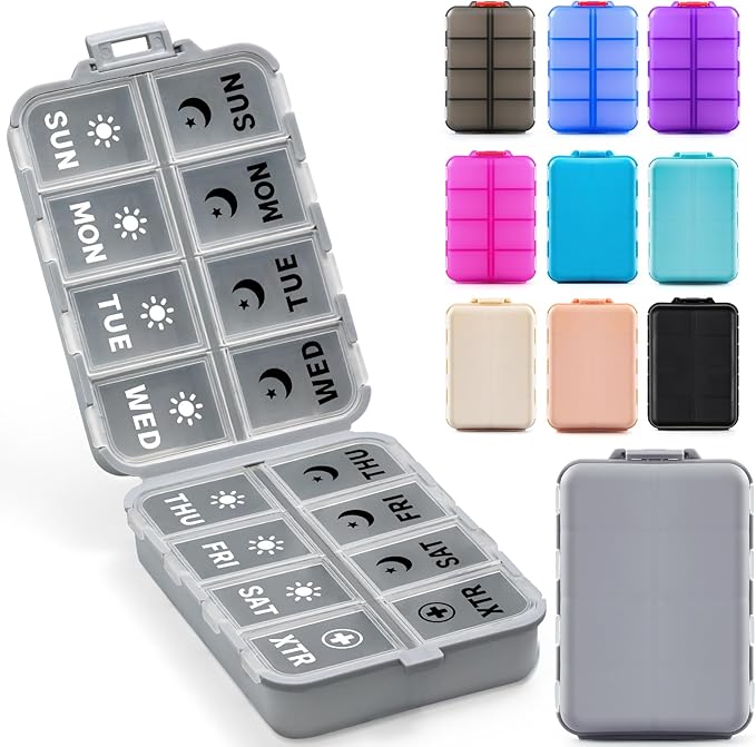 Foldable Weekly Pill Organizer 2 Times a Day with 2 Extra Compartments (Clear Printed Labels) - Portable 7 Day AM PM Medicine Box, Week Daily Travel Pill Case Holder for Vitamin, Supplement - Grey