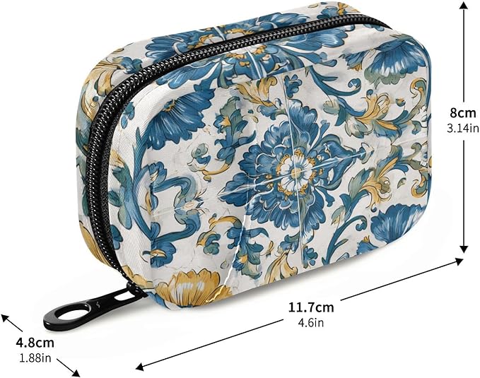 Floral Blue and Yellow Tile Travel Pill Organizer Case Box Container Weekly Portable Vitamin Medicine Holder Storage Bag with Zipper Removable