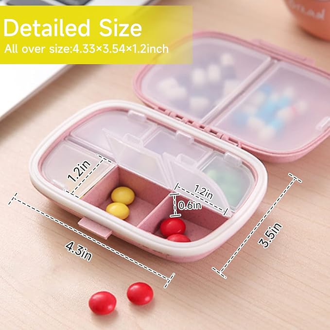4 Pack Travel Pill Organizer,8 Compartments Weekly Pill Box Moisture Proof Small Pill Case for Pocket Purse Daily Portable Medicine Vitamin Holder Container（Blue+Green+Khaki+Pink）