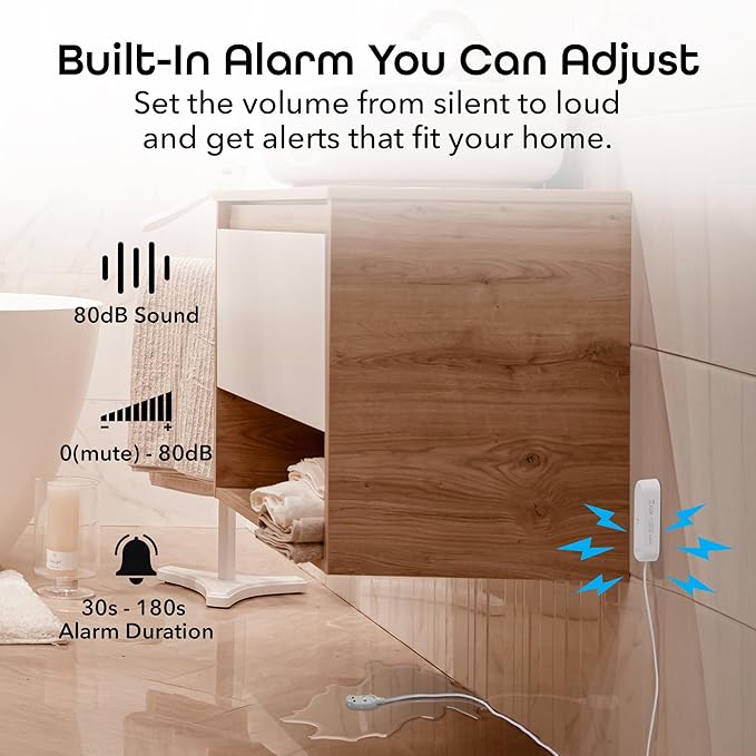 Geeni Smart Water Alarm Leak Detector with Siren - 80dB Alarm with App Alerts for Monitoring Kitchen, Bathroom, Basement Flood, Battery-Powered WiFi Moisture Sensor Alexa, Google Home Compatible