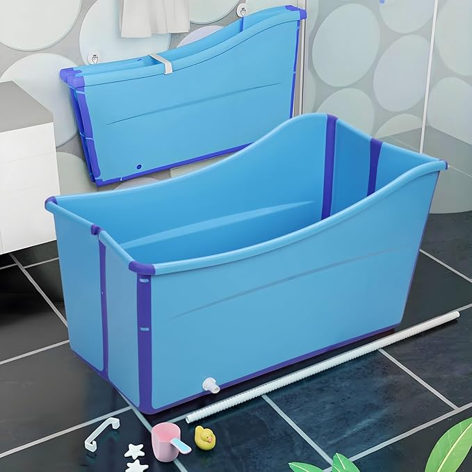 Portable Bathtub for Adults 39 Inch Large Folding Bathtub SPA Soaking Standing Collapsible Tub Soaking Hot SPA and Ice Bath Tub (Blue)