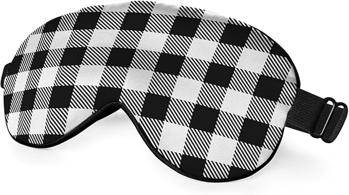 Black and White Plaid Silk Eye Mask Sleep Mask Tartan Checkerboard Squares Pattern Eye Mask with Adjustable Strap Lightweight for Women Work Travel