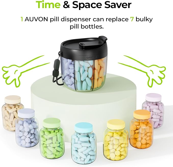AUVON Pill Organizer with 7 Large Compartments, Portable Pill Box 7 Day with Wide Opening for Easy Use, Travel Pill Container for Medications, Vitamins, Fish Oils, Supplements