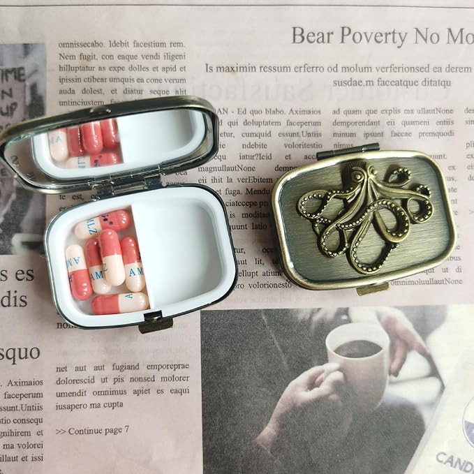 Hidad Bronze Retro Portable Travel Pill Organizer - Octopus Sign Small Pill Box for Purse or Pocket, Cute Durable Portable Mini Pill Case,Pill Bottle Container, Hold Vitamin Medicine Pill Dispenser