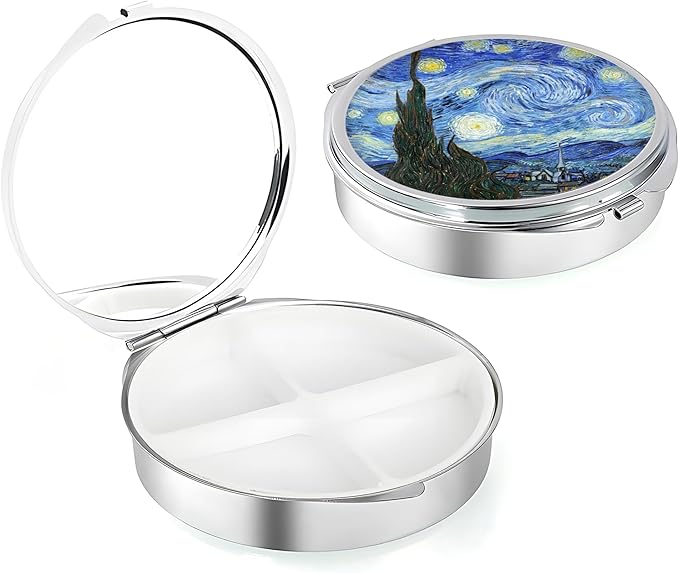 Weekly Pill Case, Medicine Planner, Vitamin Organizer Box, Portable Daily Pill Box with Compartments,Pocket Purse Metal Medicine Organizer Unique Gifts,Starry Night