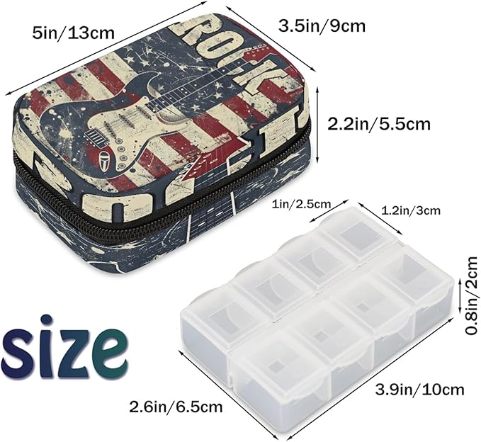 American Flag Guitar Music Travel Pill Organizer Box Weekly Portable Pill Case Daily Pills 7 Day Small Birth Control Pills Container Removable Compartments for Medicine Vitamins Fish Oil