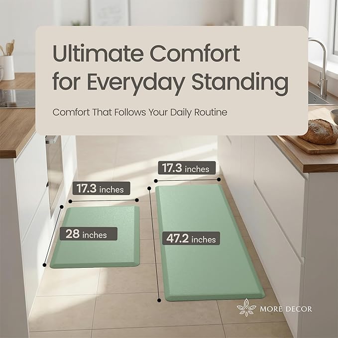Anti Fatigue Kitchen Mats for Floor | Padded Kitchen Rugs | Non Slip, Cushioned Standing Desk Mat | Waterproof Floor Mat | 17.3" x 28" x 0.47" & 17.3" x 47.2" x 0.47", Mint Green, 2-Pack | More Décor