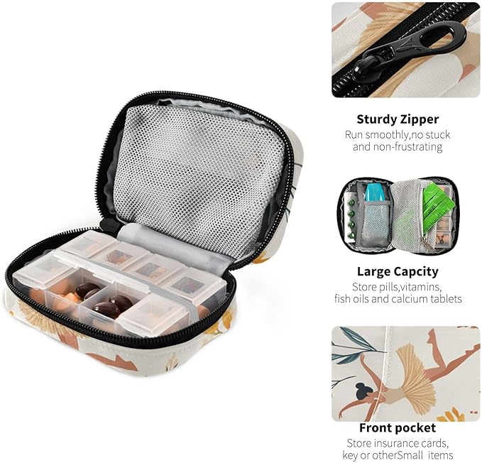 Beige Ballet Girl and Flower Cute Pill Organizer Weekly Travel Pill Box 7 Day Large Capacity Pill Dispenser Case with 8 Pill Container Daily Pill Box Organizer Vitamin Holder Pill Bottle Organ