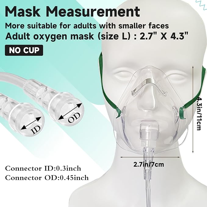 3 Pack Oxygen Masks for Face Adult, L Size Oxygen Mask with 6.6' Ft Tubing and Adjustable Elastic Strap- NO Cup-White