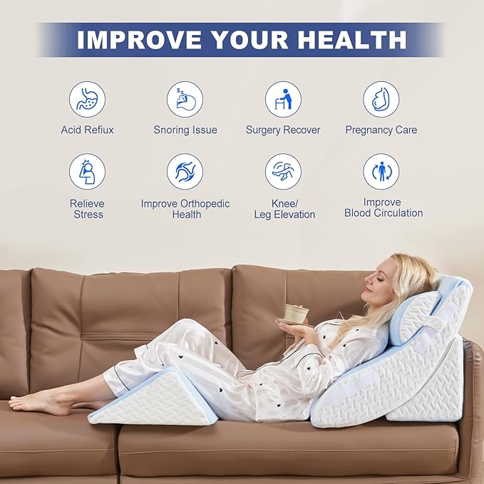 4PCS Bed Wedge Pillow for Sleeping and Sitting Up, Orthopedic Memory Foam Pillow Set for Back Pain, Post Surgery Recovery, Acid Reflux, GERD Relief, Triangle Shape, Blue White
